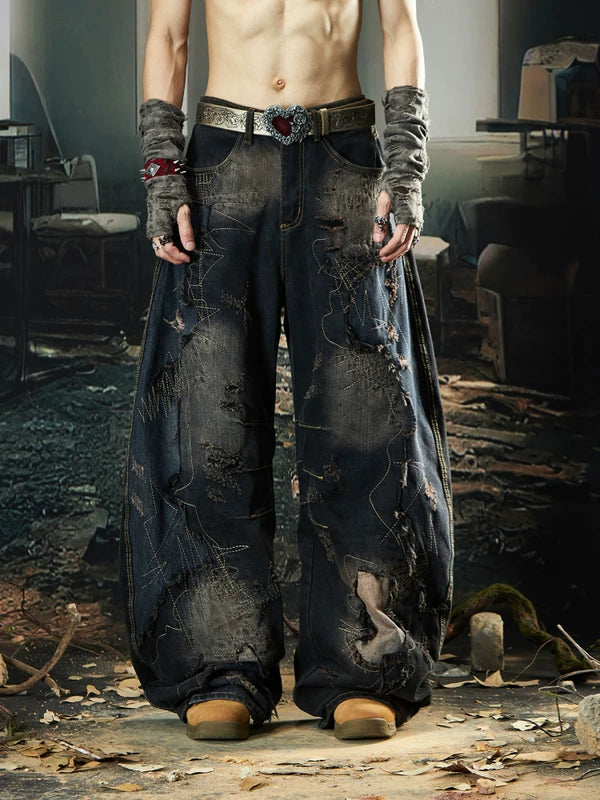 Distressed Patchwork Wide-Leg Jeans 2
