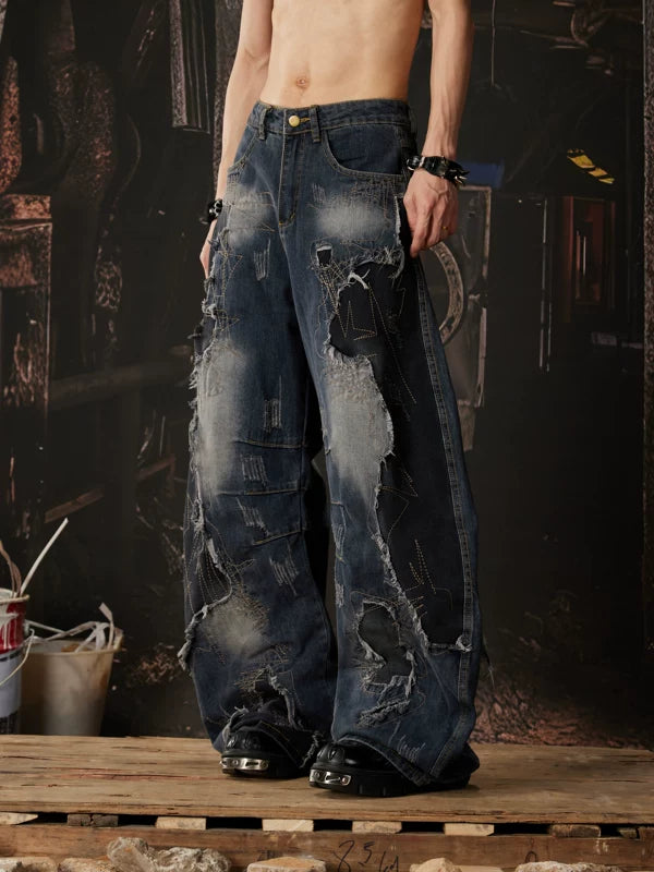 Distressed Patchwork Wide-Leg Jeans 3