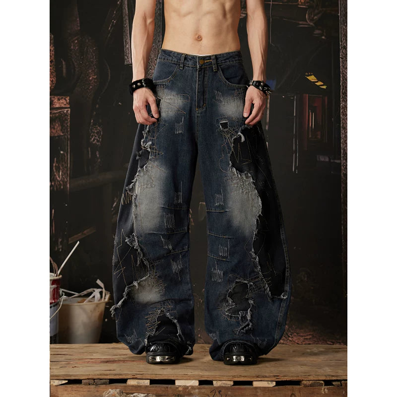 5960927258751,5960927258752,5960927258753,5960927258754, Distressed Patchwork Wide-Leg Jeans