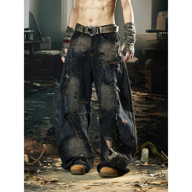 5960927258755,5960927258756,5960927258757,5960927258758, Distressed Patchwork Wide-Leg Jeans