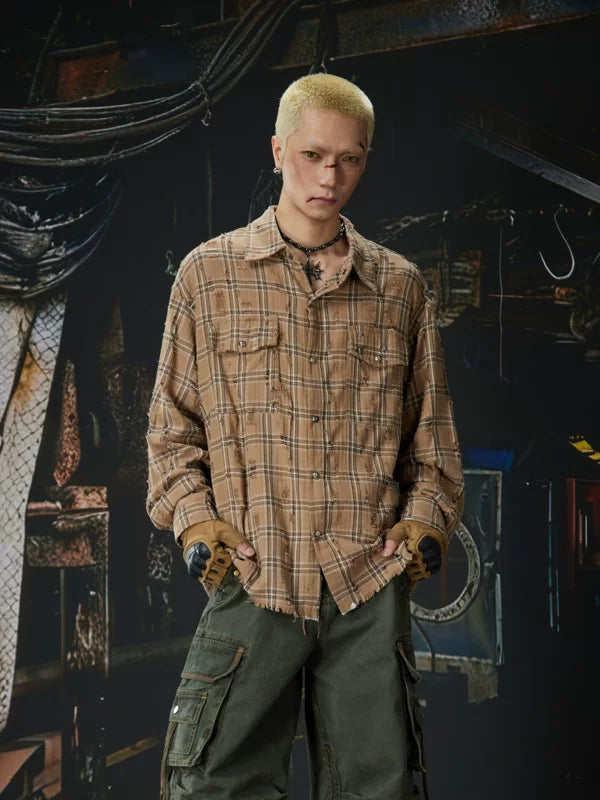 Distressed Plaid Button-Up Workwear Shirt 2