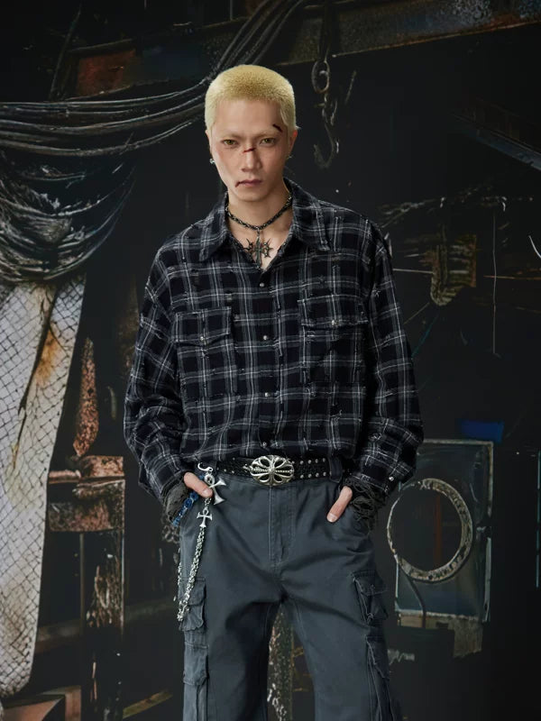 Distressed Plaid Button-Up Workwear Shirt 3