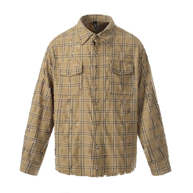 6032813937016,6032813937017,6032813937018,6032813937019, Distressed Plaid Button-Up Workwear Shirt