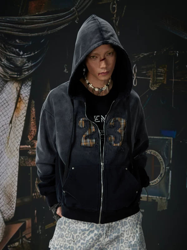 Distressed Plaid Patch Zip Up Hoodie 1