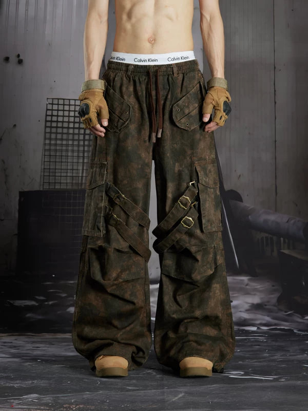 Distressed Pleated Multi-Pocket Cargo Pants 1