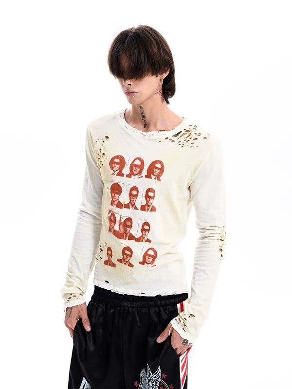 Distressed Portrait Print Long-Sleeve T-Shirt 1