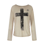 6094456852121,6094456852122,6094456852123, Distressed Print Long-Sleeve Lyocell T-Shirt