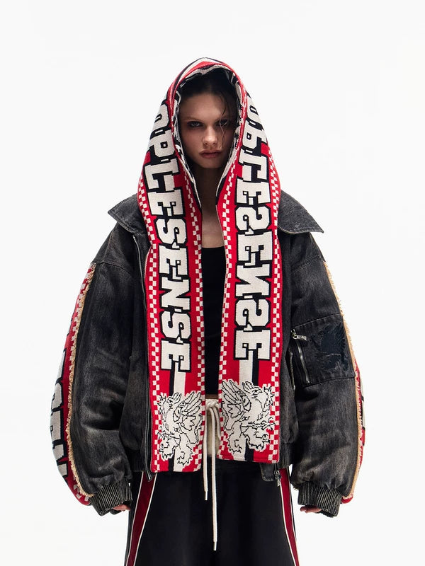 Distressed Racing Denim Jacket with Detachable Hood 1