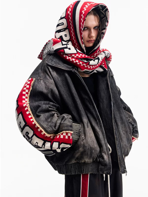 Distressed Racing Denim Jacket with Detachable Hood 2
