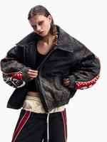 Distressed Racing Denim Jacket with Detachable Hood 3