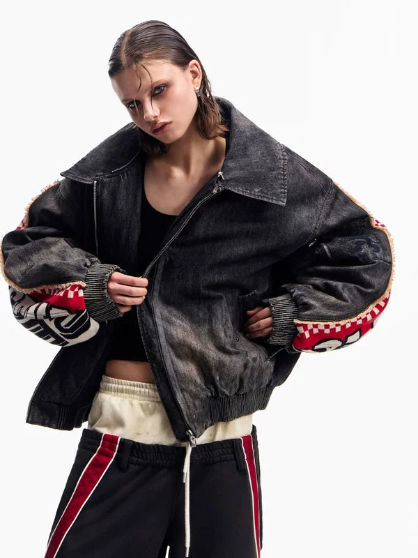Distressed Racing Denim Jacket with Detachable Hood 3