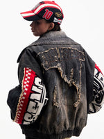 Distressed Racing Denim Jacket with Detachable Hood 4