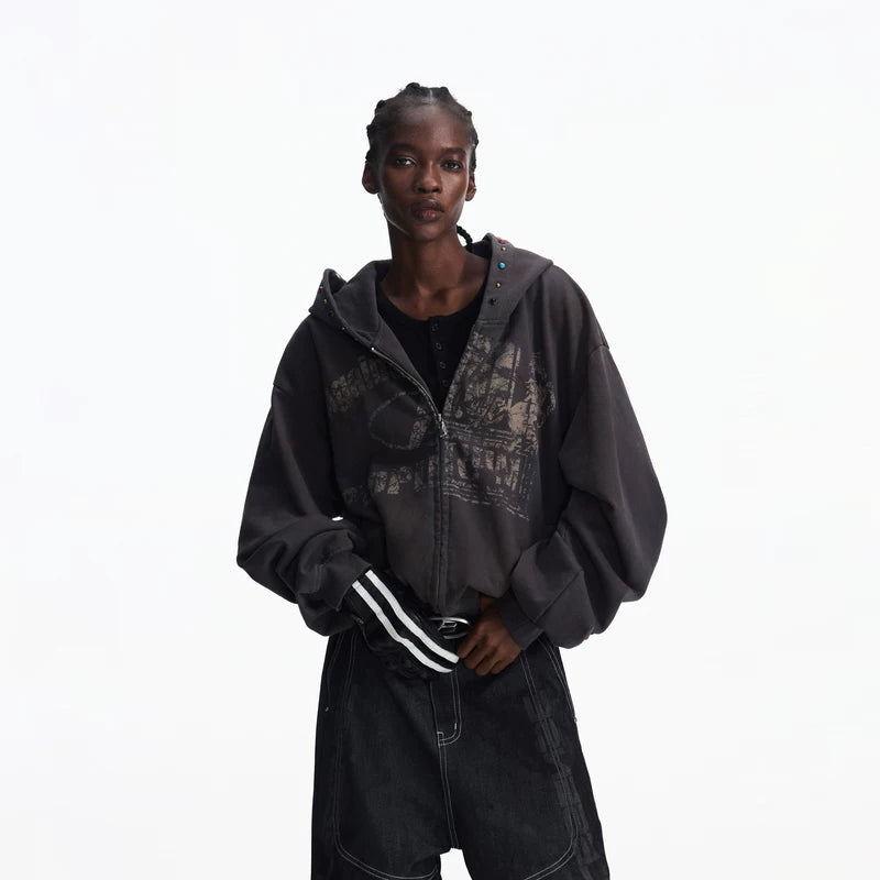 6110144411628,6110144411629,6110144411630, Distressed Racing Print Zip-Up Hoodie