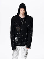 Distressed Rhinestone Cross Hooded Knit Sweater 2