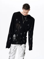 Distressed Rhinestone Cross Hooded Knit Sweater 3