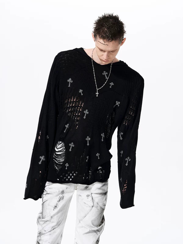 Distressed Rhinestone Cross Hooded Knit Sweater 3