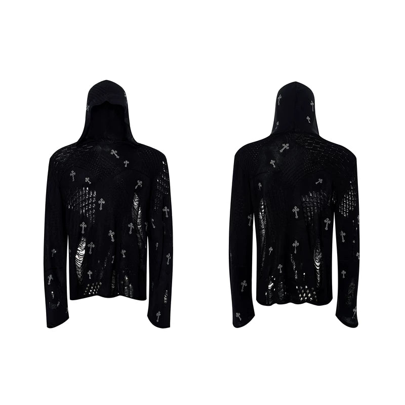 6034605800197,6034605800198,6034605800199,6034605800200, Distressed Rhinestone Cross Hooded Knit Sweater