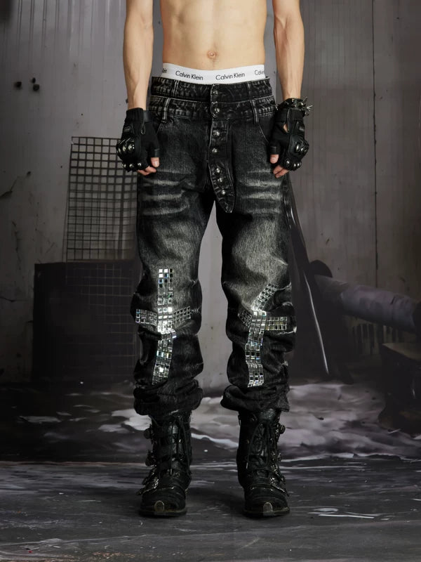 Distressed Rhinestone Double Waistband Denim Pants 1