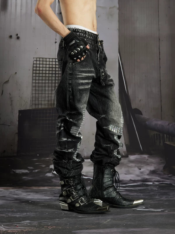Distressed Rhinestone Double Waistband Denim Pants 2