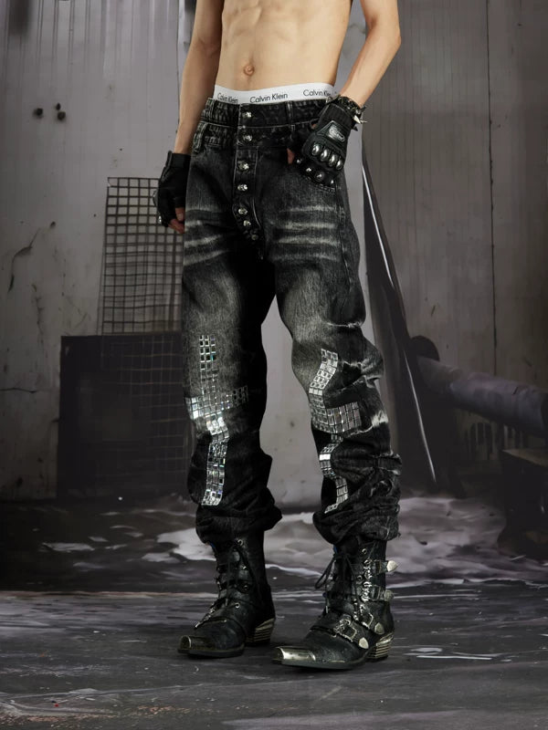 Distressed Rhinestone Double Waistband Denim Pants 3