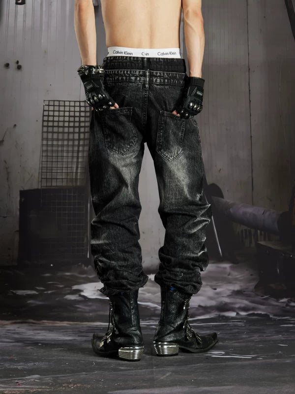 Distressed Rhinestone Double Waistband Denim Pants 4
