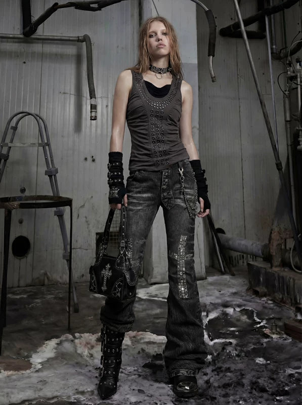 Distressed Rhinestone Double Waistband Denim Pants 5