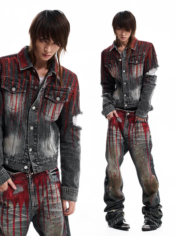 Distressed Rhinestone Embellished Denim Jacket 1