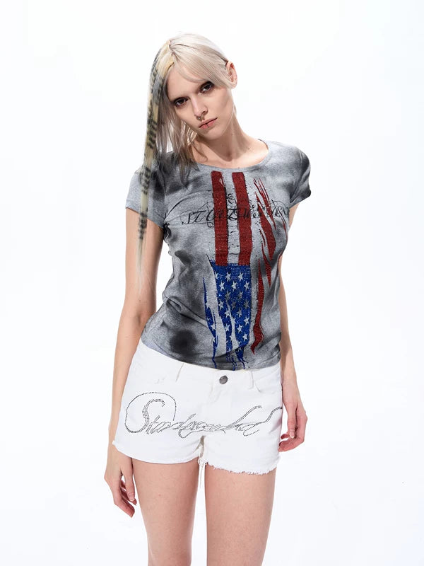 Distressed Rhinestone Flag Print T-Shirt 2