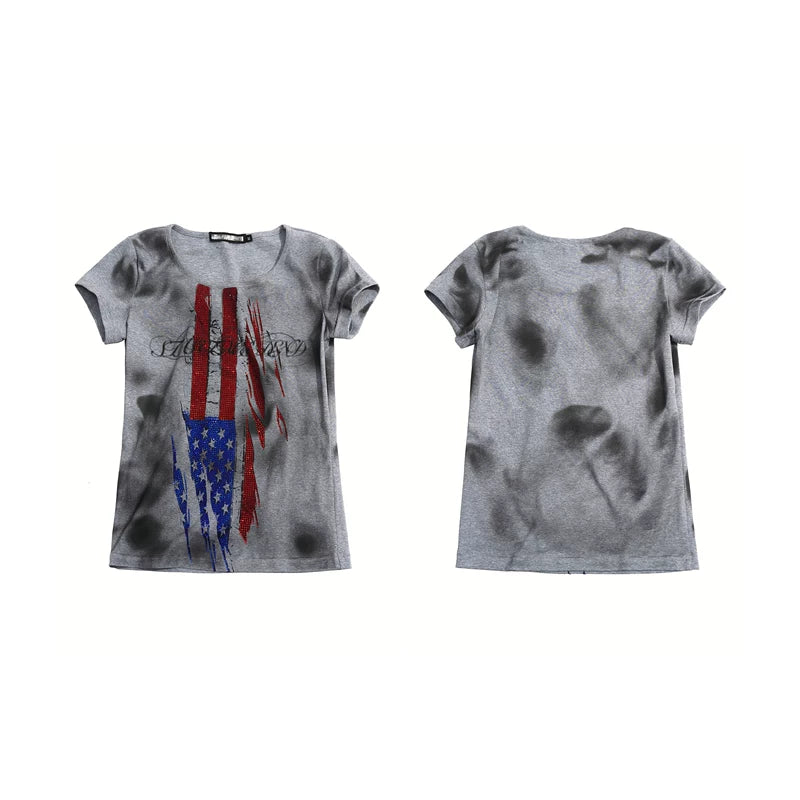 6244539707169,6244539707170,6244539707171,6244539707172, Distressed Rhinestone Flag Print T-Shirt