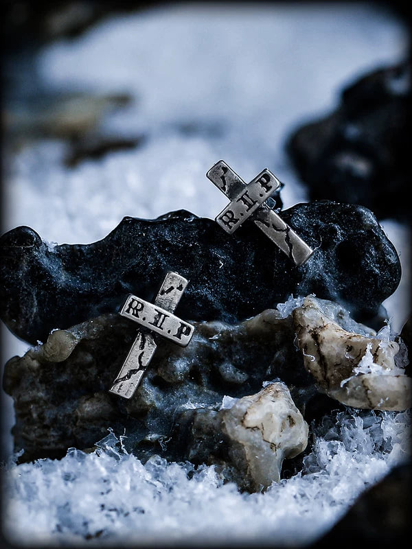 Distressed R.I.P. Cross Sterling Silver Earrings 1