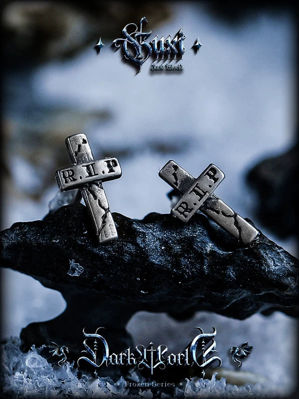 Distressed R.I.P. Cross Sterling Silver Earrings 2