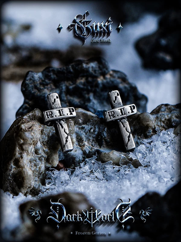 Distressed R.I.P. Cross Sterling Silver Earrings 3