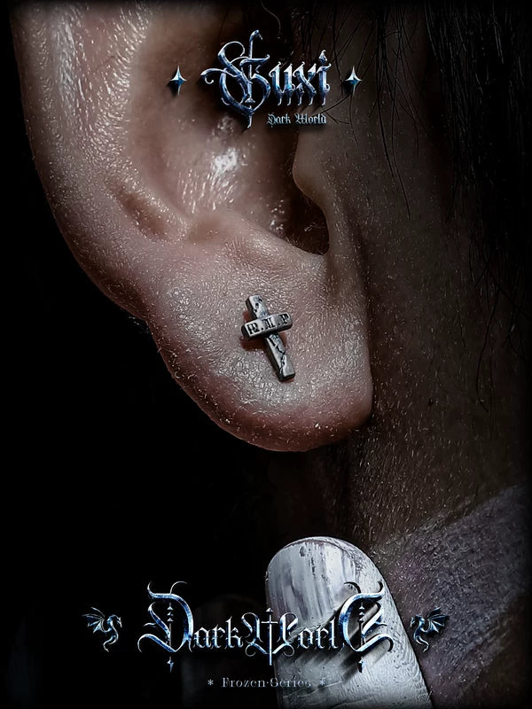 Distressed R.I.P. Cross Sterling Silver Earrings 4
