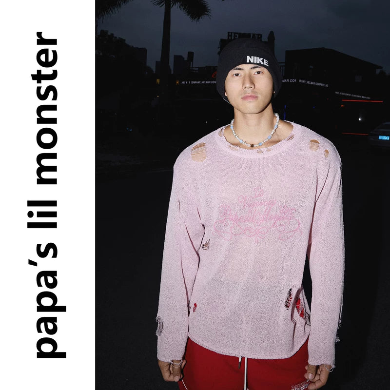6068925717478,6068925717479,6068925717480, Distressed Ripped Sheer Knit Sweater