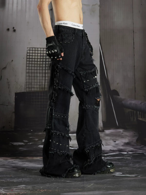 Distressed Rivet Deconstructed Flared Jeans 2