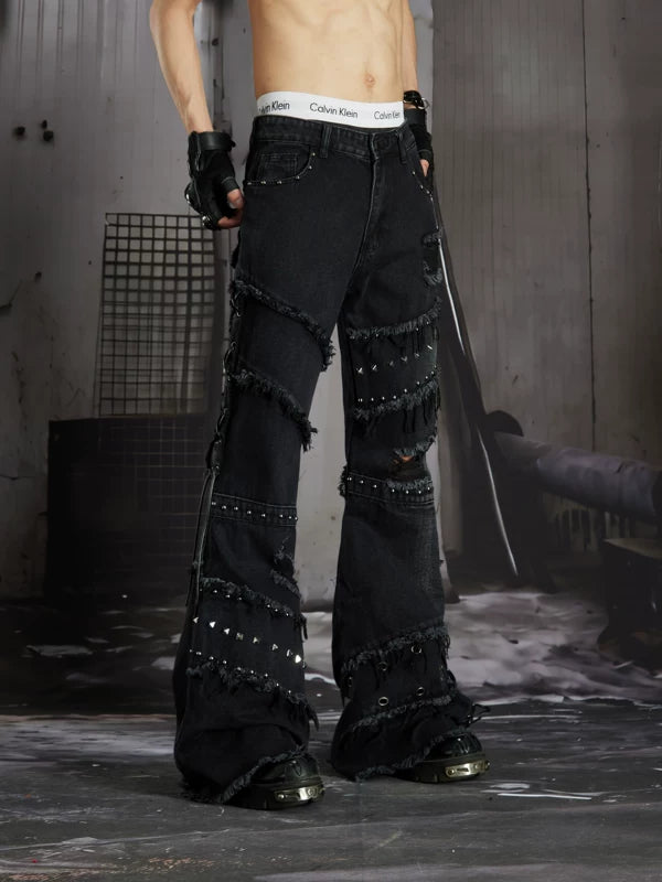 Distressed Rivet Deconstructed Flared Jeans 4