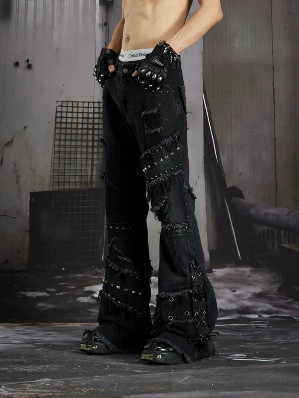 Distressed Rivet Deconstructed Flared Jeans 5