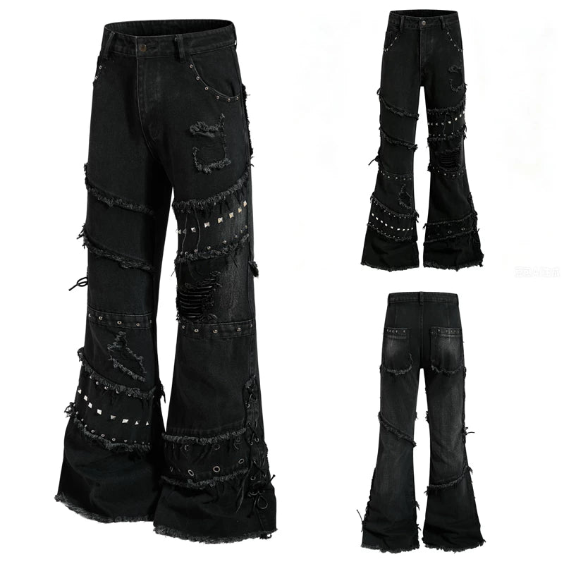 6260233858161,6260233858162,6260233858163,6260233858164,6260233858165, Distressed Rivet Deconstructed Flared Jeans