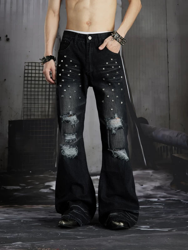 Distressed Rivet Flared Pants 4