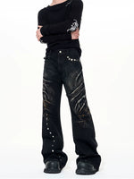 Distressed Rivet Wide-Leg Denim Pants 2