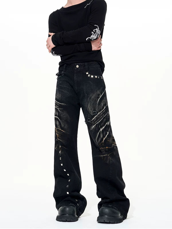 Distressed Rivet Wide-Leg Denim Pants 2