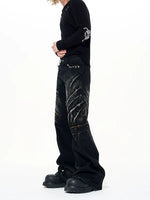 Distressed Rivet Wide-Leg Denim Pants 3