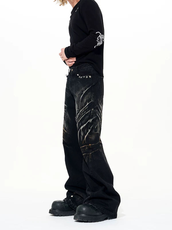 Distressed Rivet Wide-Leg Denim Pants 3