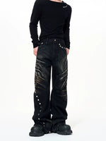 Distressed Rivet Wide-Leg Denim Pants 4