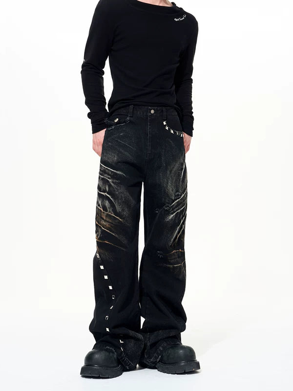 Distressed Rivet Wide-Leg Denim Pants 4