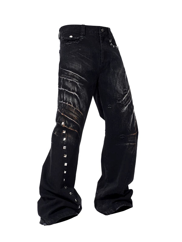 Distressed Rivet Wide-Leg Denim Pants 5