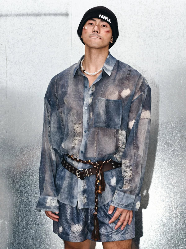 Distressed Sheer Denim Long-Sleeve Shirt 5