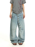 Distressed Slanted Button-Down Wide-Leg Jeans 1