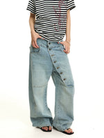 Distressed Slanted Button-Down Wide-Leg Jeans 2