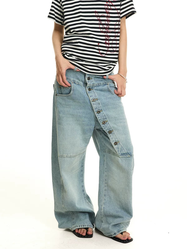 Distressed Slanted Button-Down Wide-Leg Jeans 2